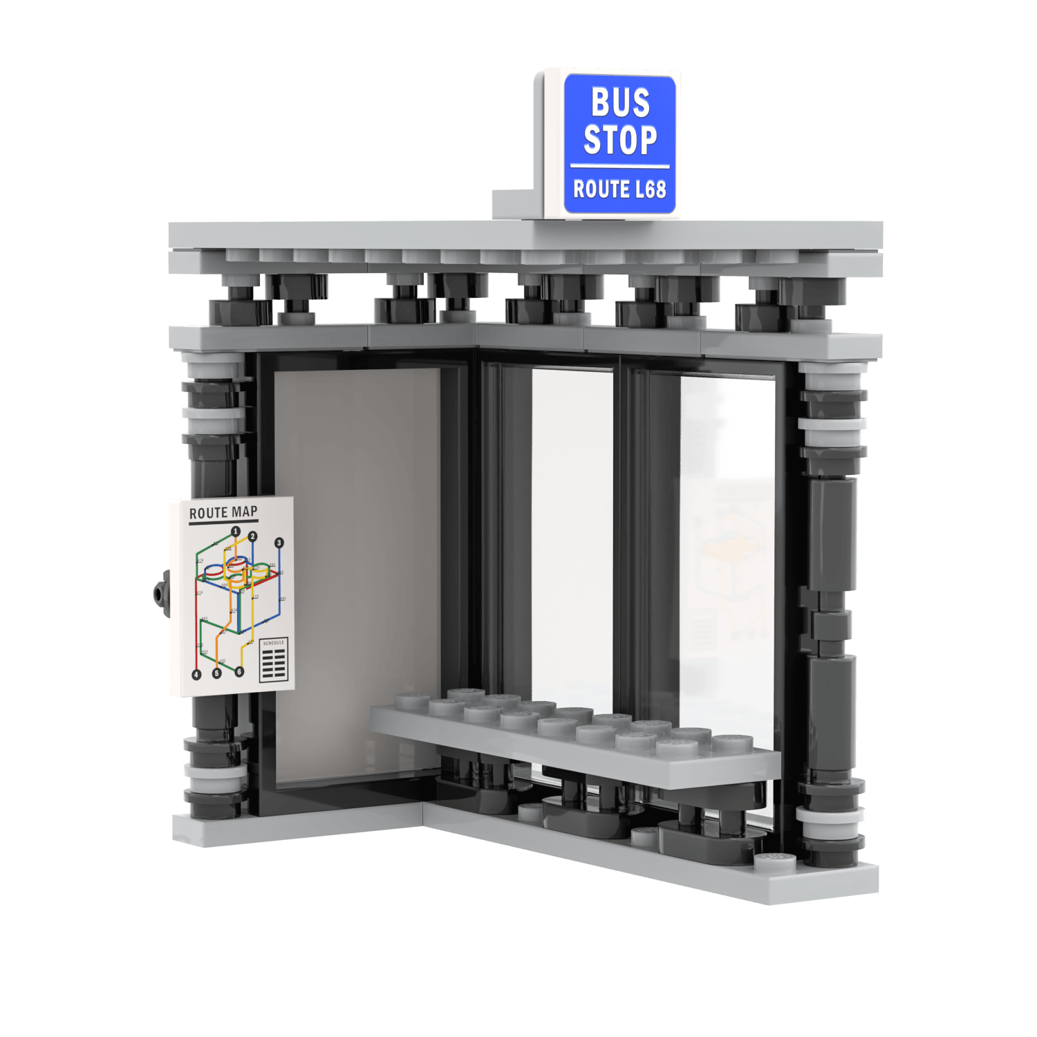 Custom Lego - bus stop made of lego bricks with a 'Bus Stop' sign and route map.